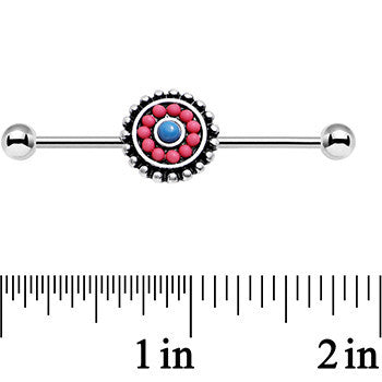 BodyCandy 14G Pink and Blue Floral Mandala Industrial Barbell 38mm — detail close-up