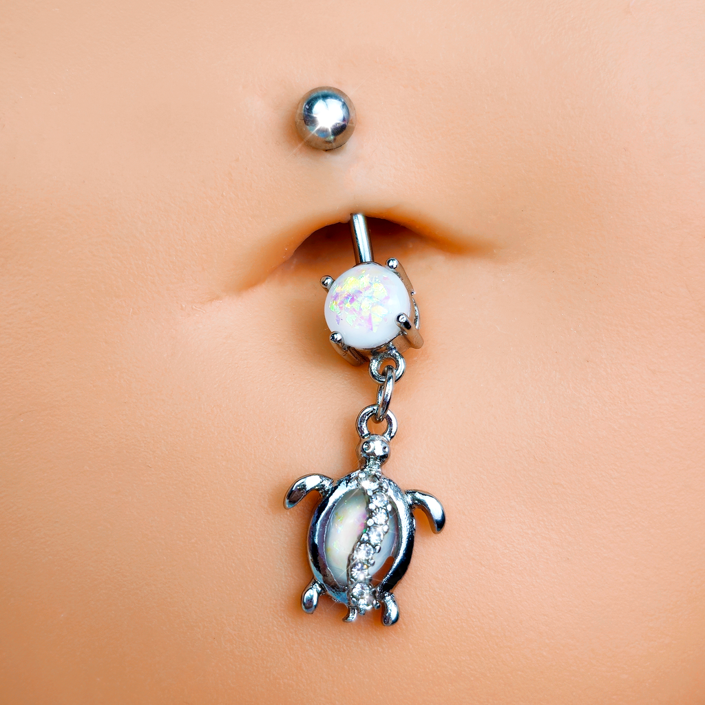 BodyCandy White Faux Opal Clear Gem Beach Turtle Dangle Belly Ring — detail close-up