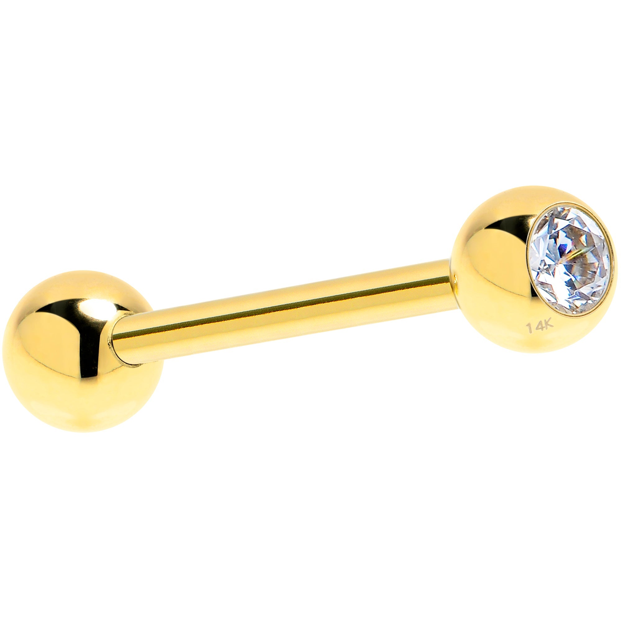 BodyCandy Solid 14k Yellow Gold CZ Solitaire Barbell Tongue Ring 14G 5/8 — detail close-up
