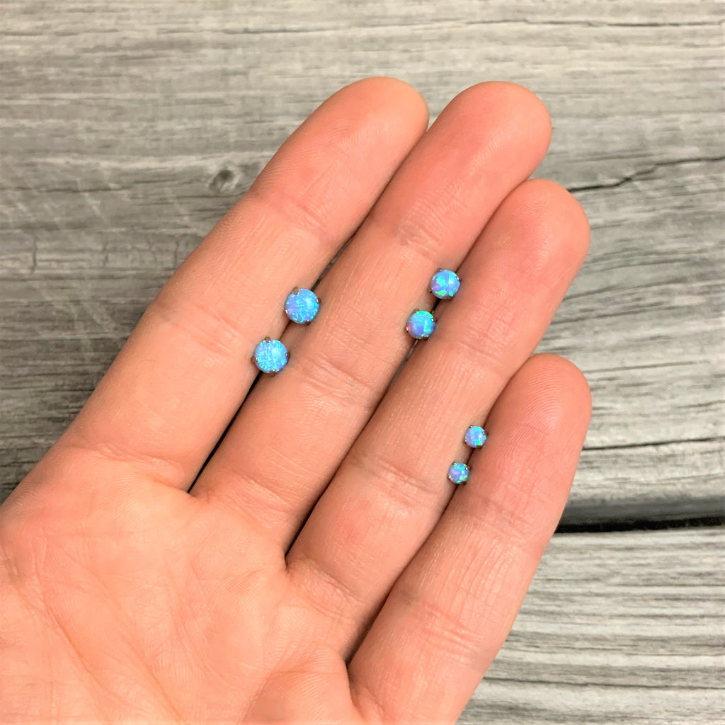 BodyCandy Light Blue Synthetic Opal Stainless Steel Post Stud Earring Pack Set of 3 — side view