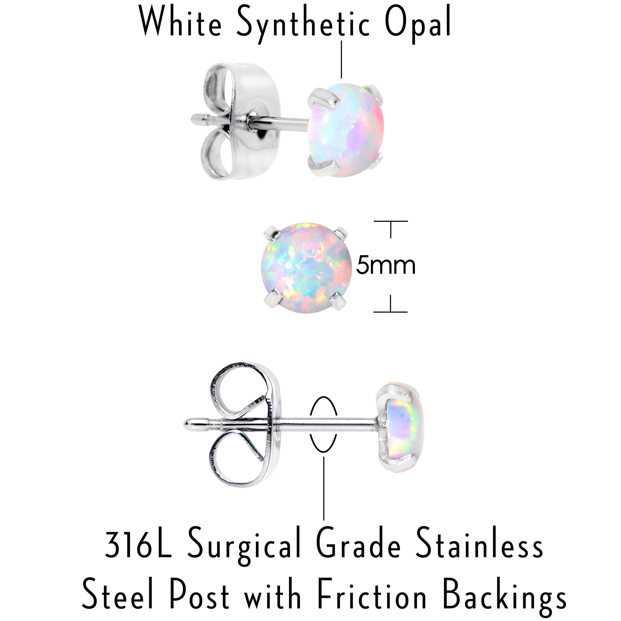 BodyCandy White Synthetic Opal Stainless Steel Post Stud Earring Pack Set of 3 — back view