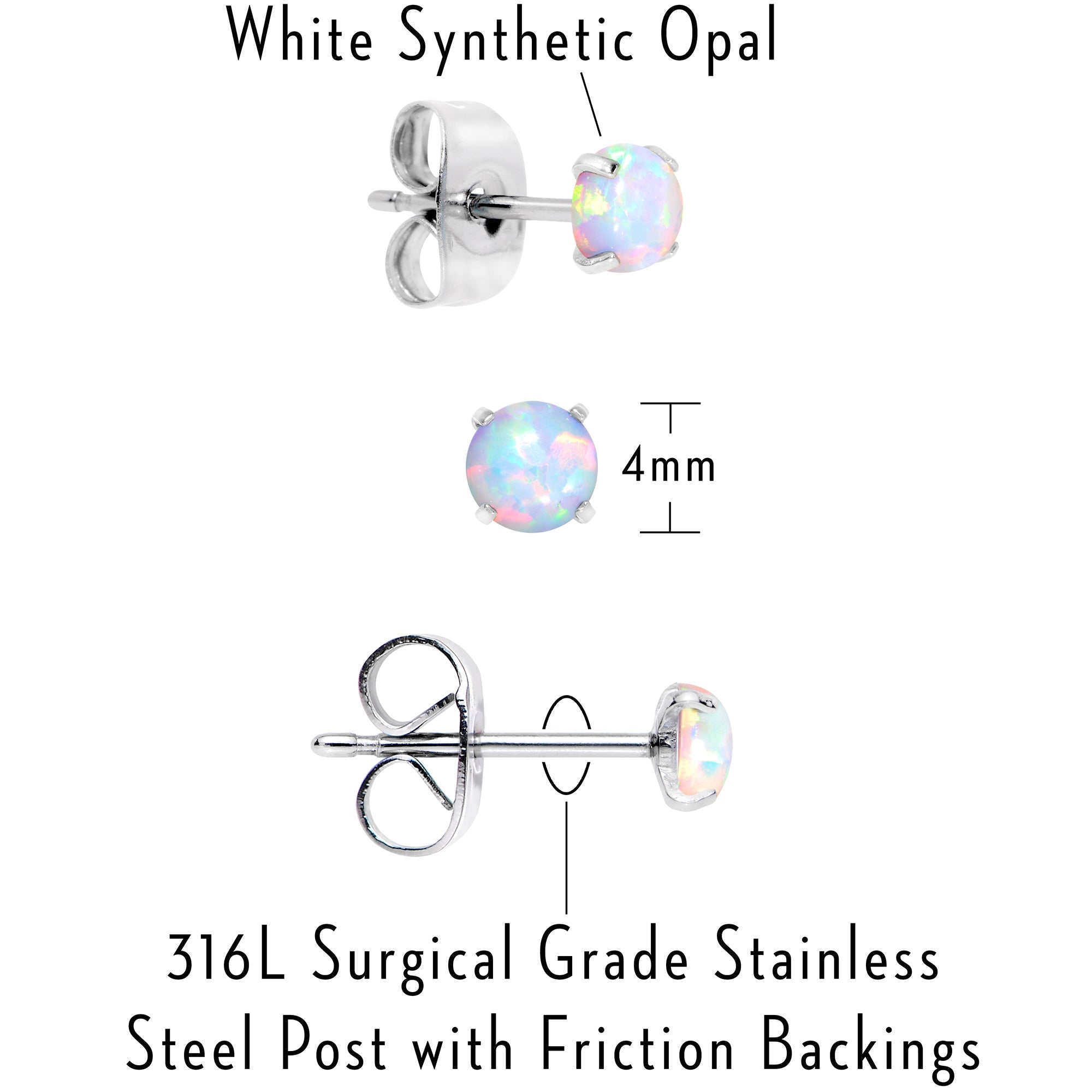 BodyCandy White Synthetic Opal Stainless Steel Post Stud Earring Pack Set of 3 — alternative angle