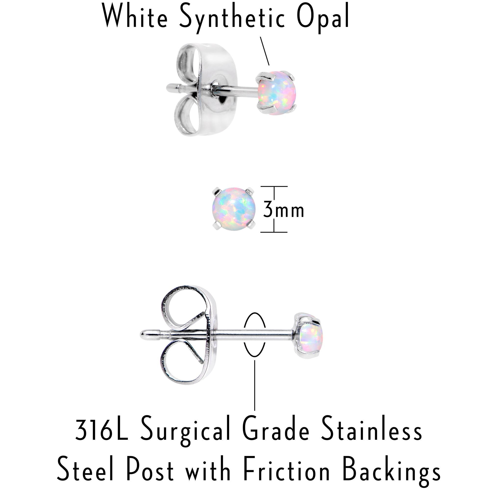 BodyCandy White Synthetic Opal Stainless Steel Post Stud Earring Pack Set of 3 — in-use photo