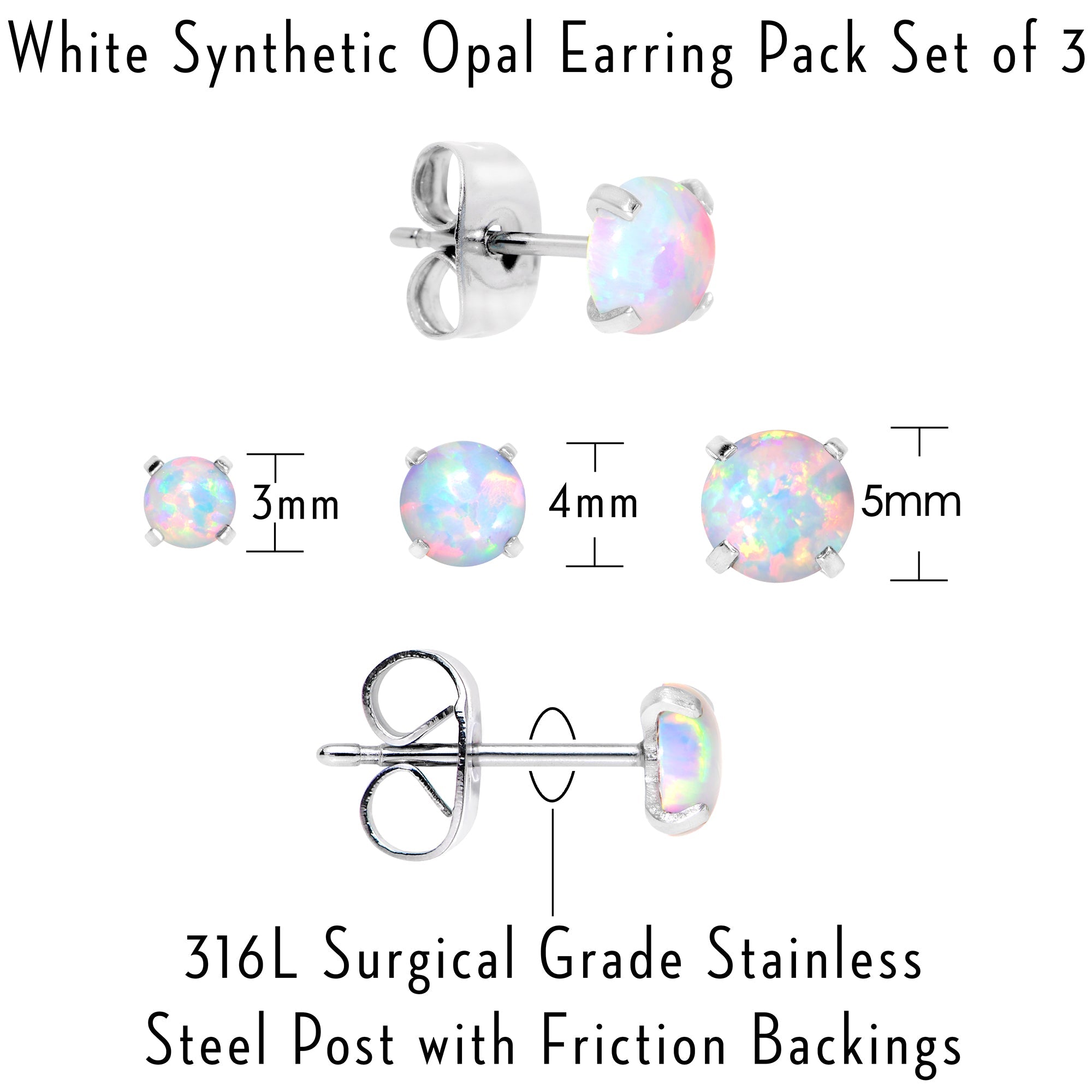BodyCandy White Synthetic Opal Stainless Steel Post Stud Earring Pack Set of 3 — color detail