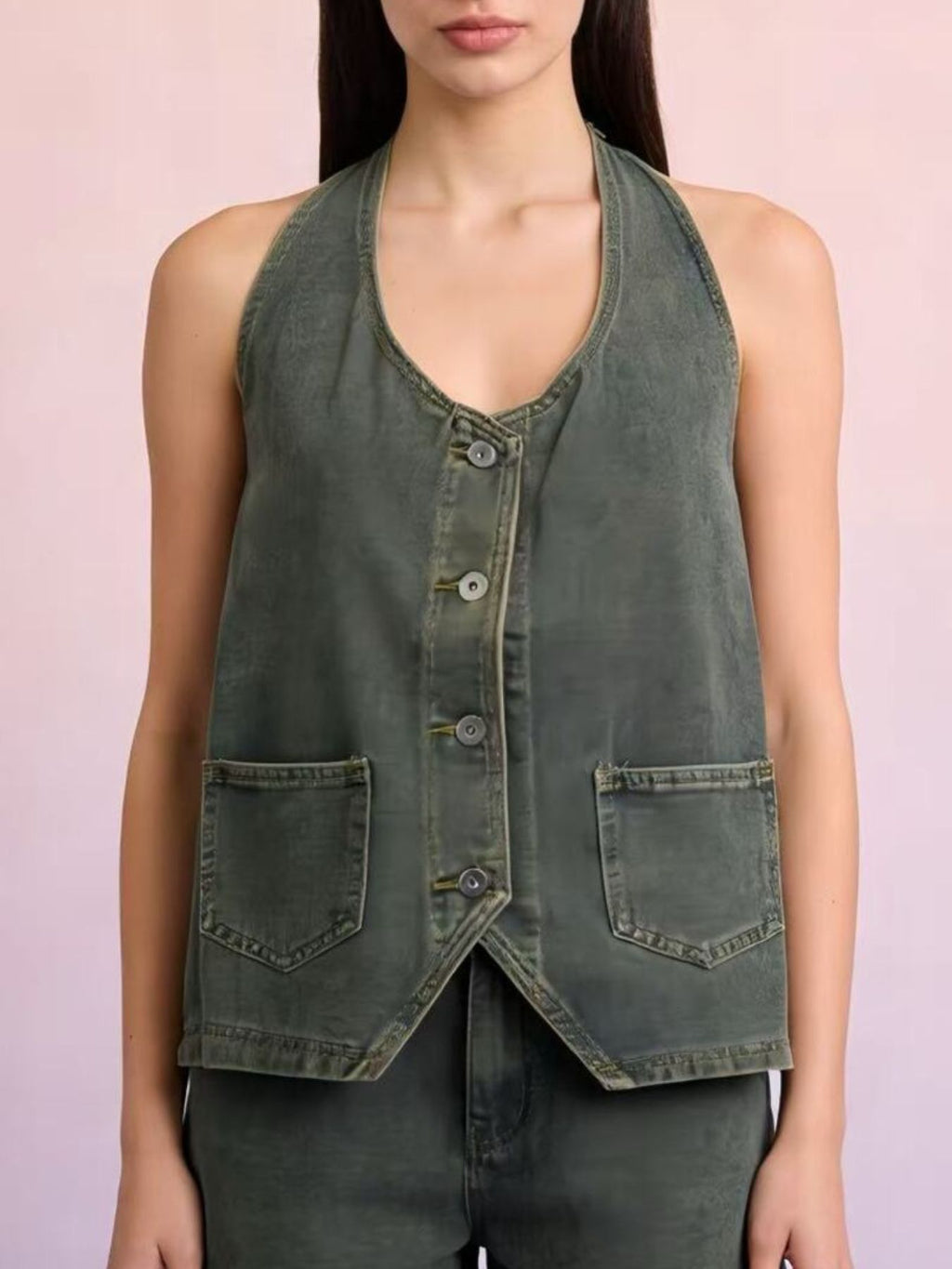 Halter Neck Button-Down Denim Vest