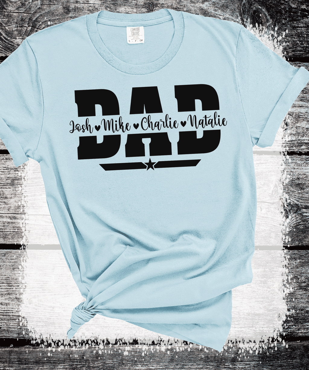 A Blessed Texas Mess Boutique Comfort Colors®  Custom Dad Shirt with Kid Names, Father's Day Gift, New Dad… — A Blessed Texas Mess Boutique branding close-up