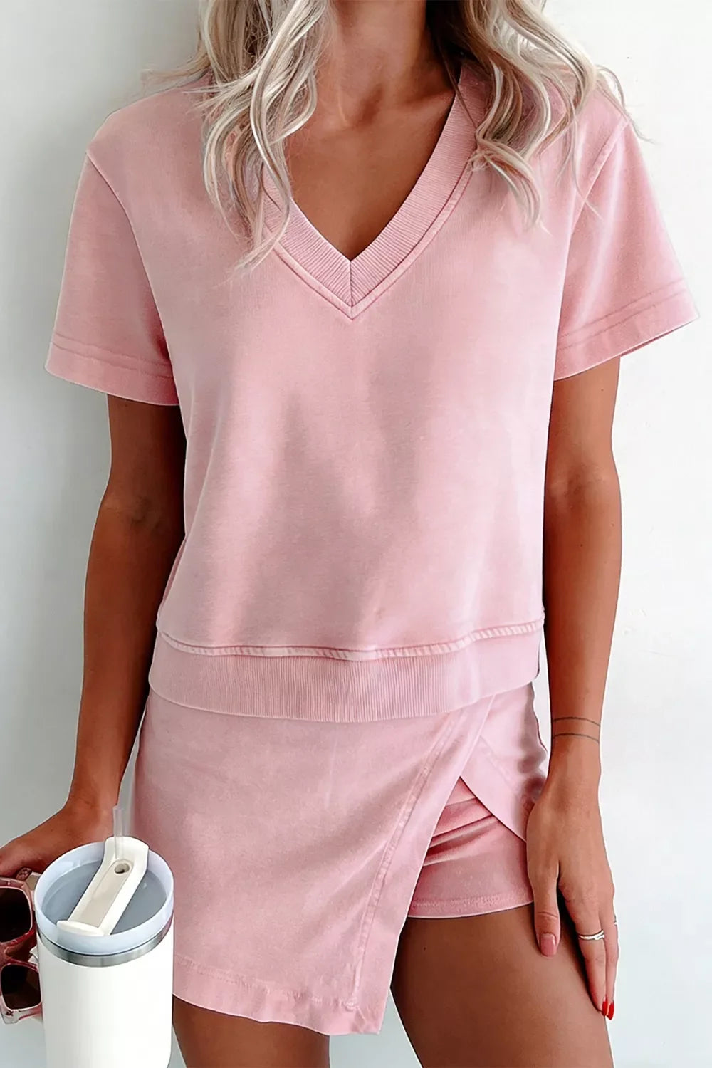 Casual V-Neck Top and Wrap Skort Set
