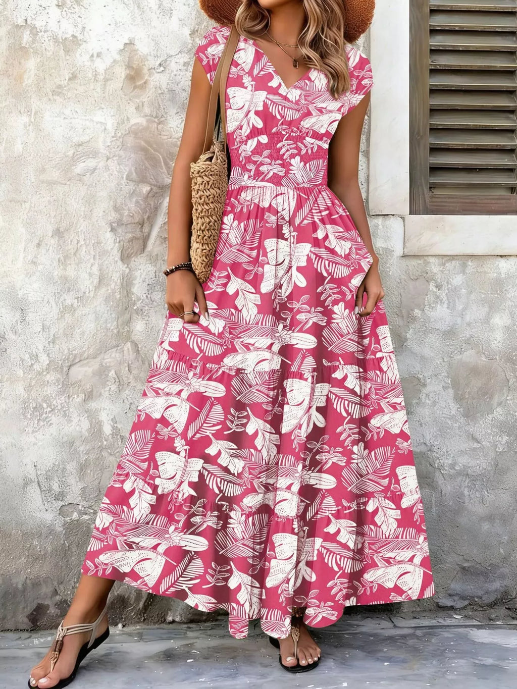 Full Size Printed V-Neck Tiered Maxi Dress Plus Size