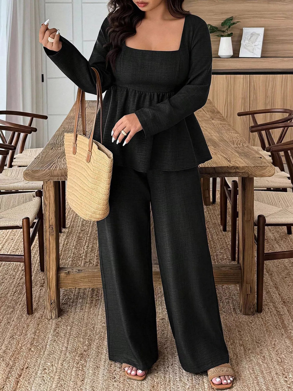 Plus Size Square Neck Long Sleeve Top and Pants Two-Piece Set