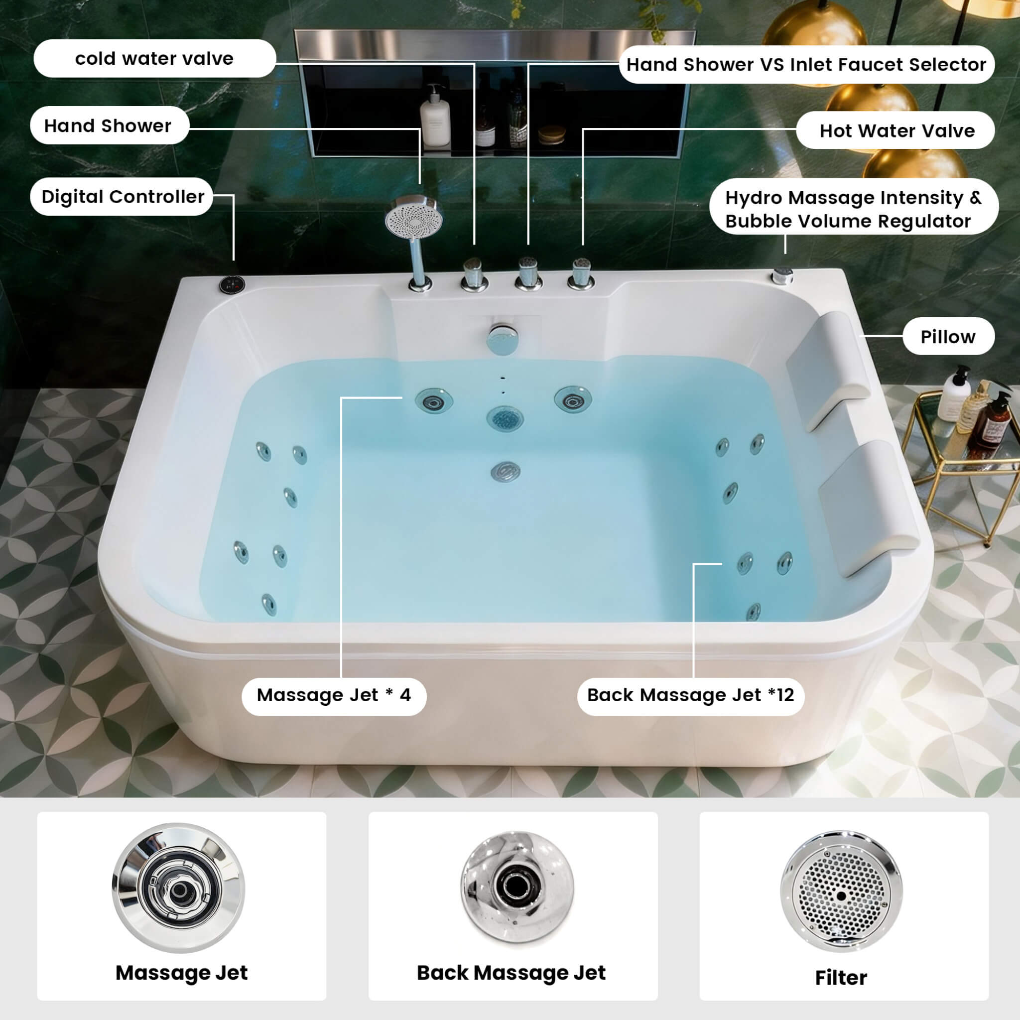 Nuvia 61-Inch 2-Person Acrylic Whirlpool Massage Bathtub With 16 Water Jets And LED Lights (SAK15780) – SAKSBY WHOLESALE, vie