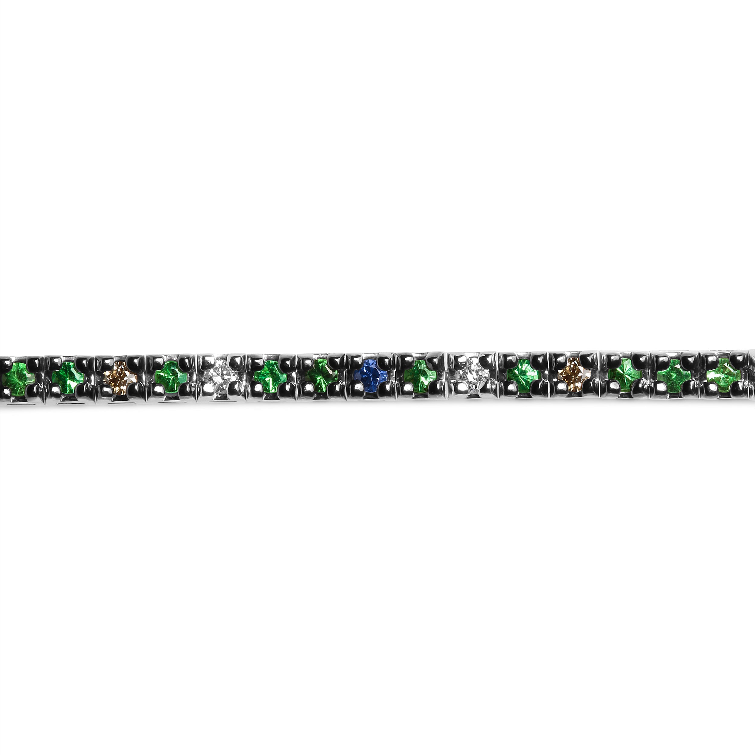 18K White Gold 3/8 Cttw Diamond with Blue Sapphire and Green Tsavorite Gemstone Multi-Colored Tennis Bracelet (Brown and G-H Color, SI1-SI2 Clarity) - Size 7"