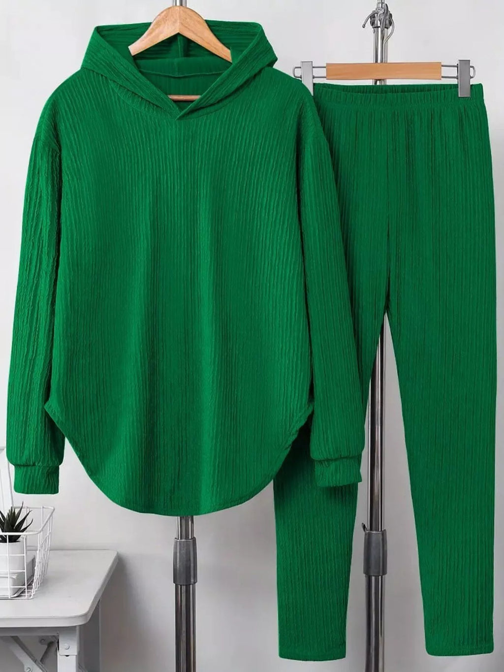 Textured Long Sleeve Hoodie and Pants Set