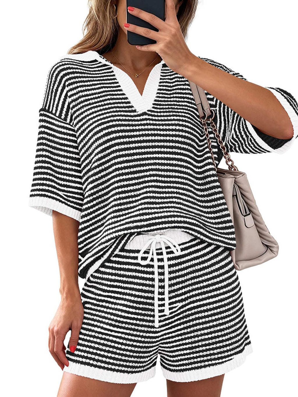 Striped Knit Polo Shirt & Shorts Set