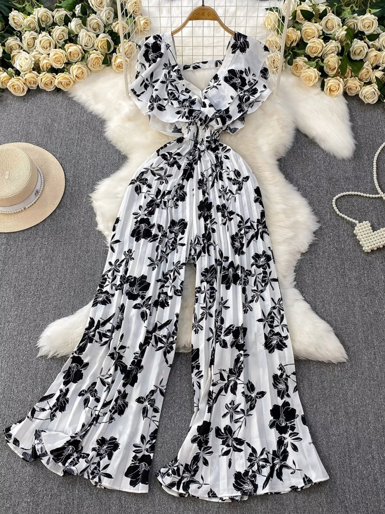 Floral Print Wide Leg Pleated Jumpsuit