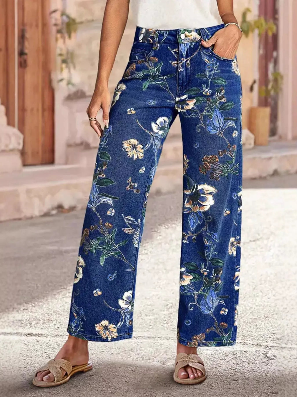 Floral Print Wide Leg Jeans