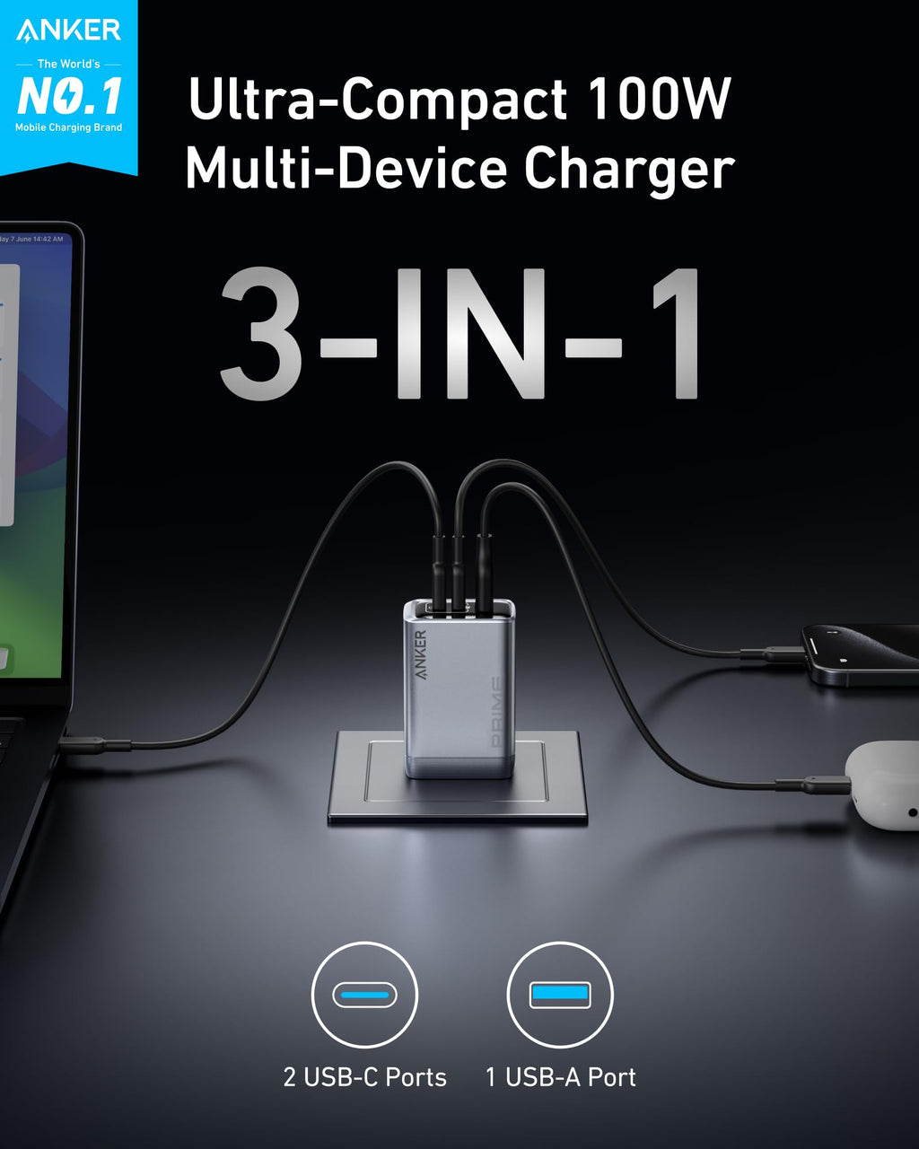 Anker Prime Charger (100W, 3 Ports, GaN), view 2