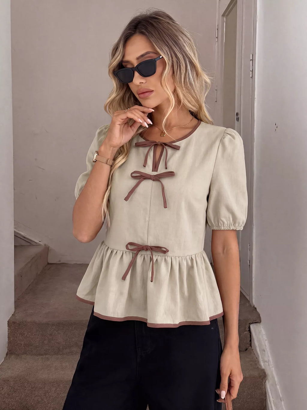 Bow Front Ruffle Hem Blouse