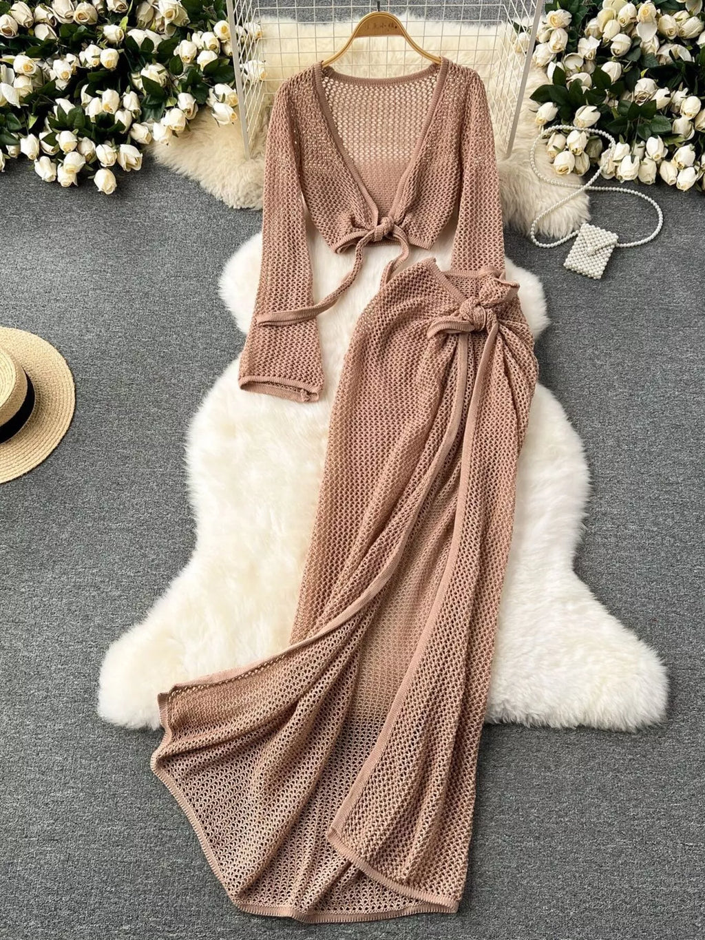 Knitted Crop Top and Slit Skirt Set