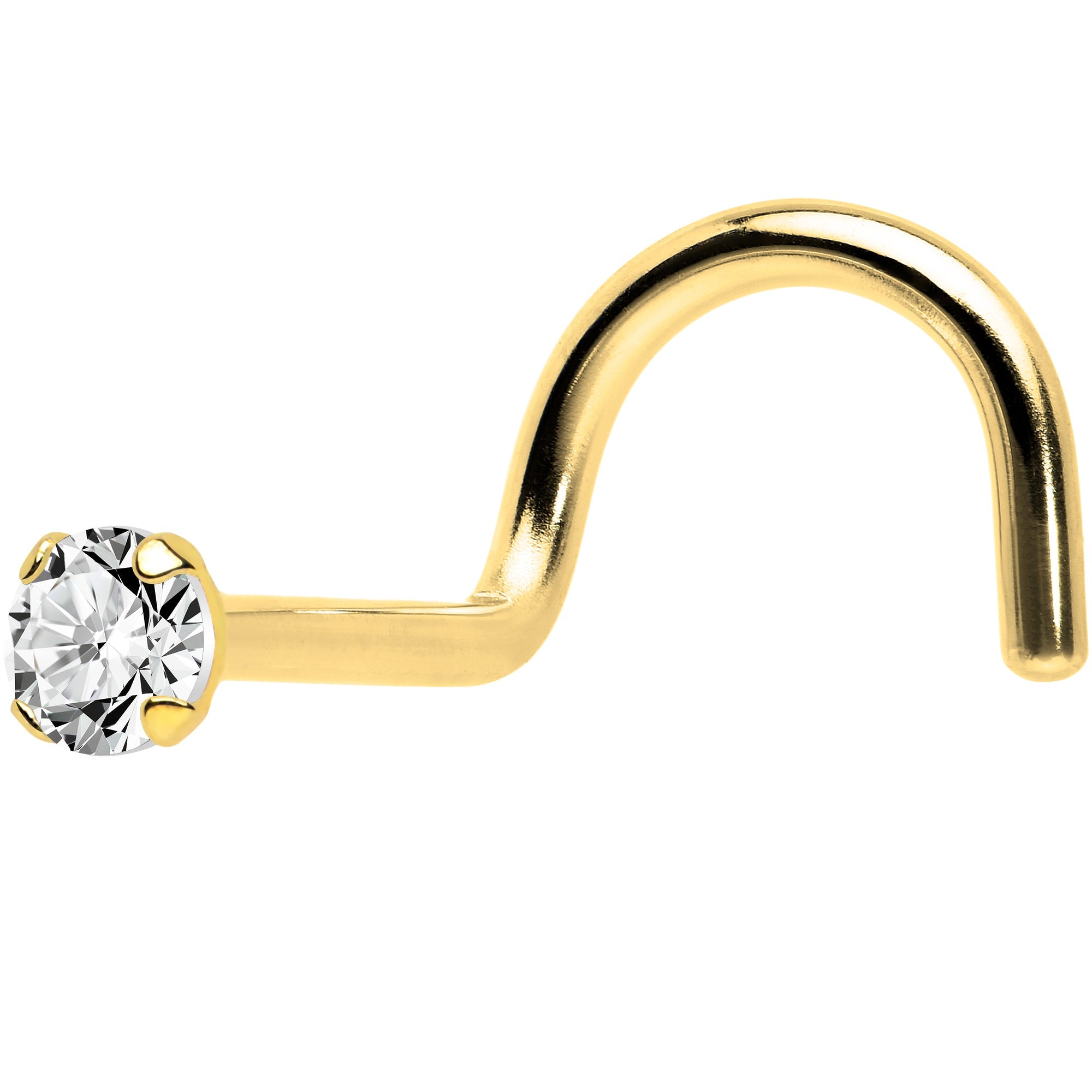 BodyCandy Solid 14K Yellow Gold 2mm Cubic Zirconia Solitaire Nose Ring — detail close-up