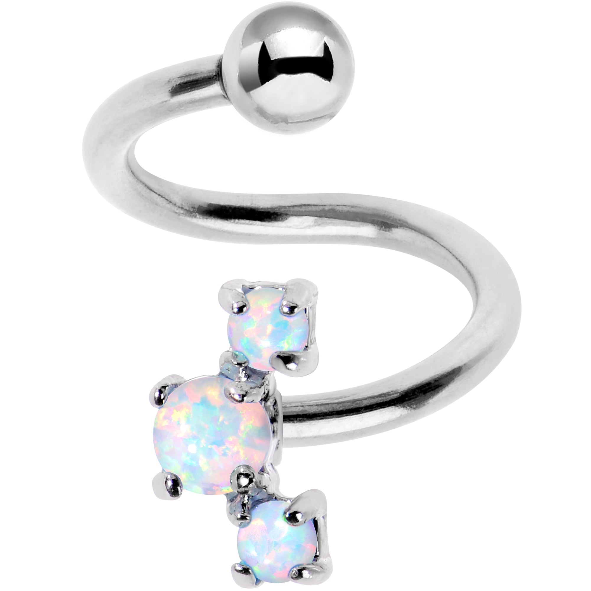 BodyCandy White Synthetic Opal Cluster Spiral Twister Top Mount Belly Ring — detail close-up