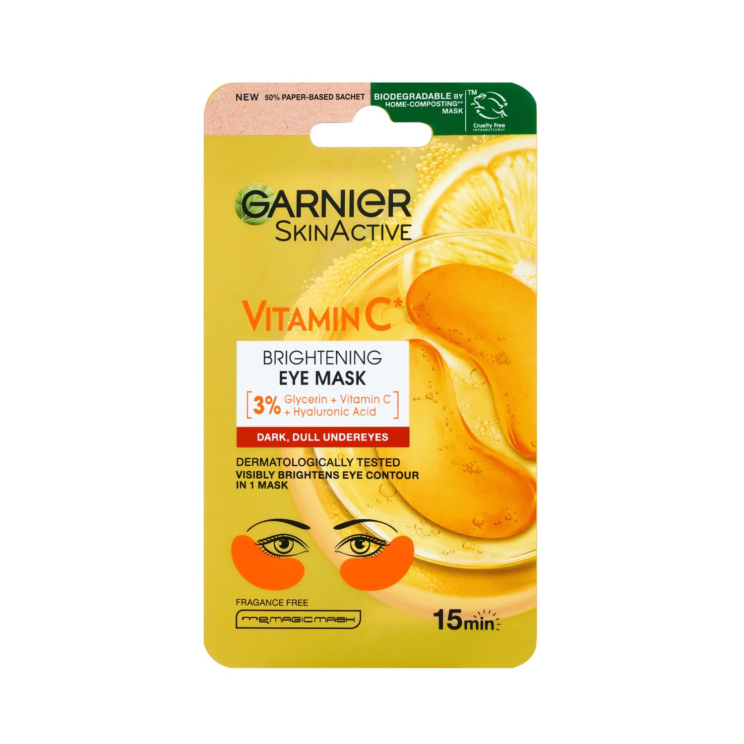 Garnier Vitamin C Brightening Eye Mask - Hypoallergenic, Easy Application, Reduces Dark Circles