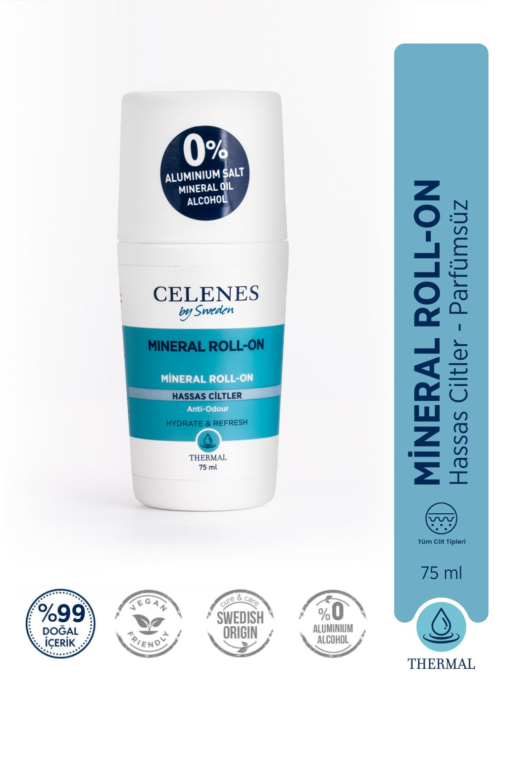 Celenes Deodorant Roll-on for Sensitive Skin - Fragrance-Free, Aluminum Salt-Free & Paraben-Free