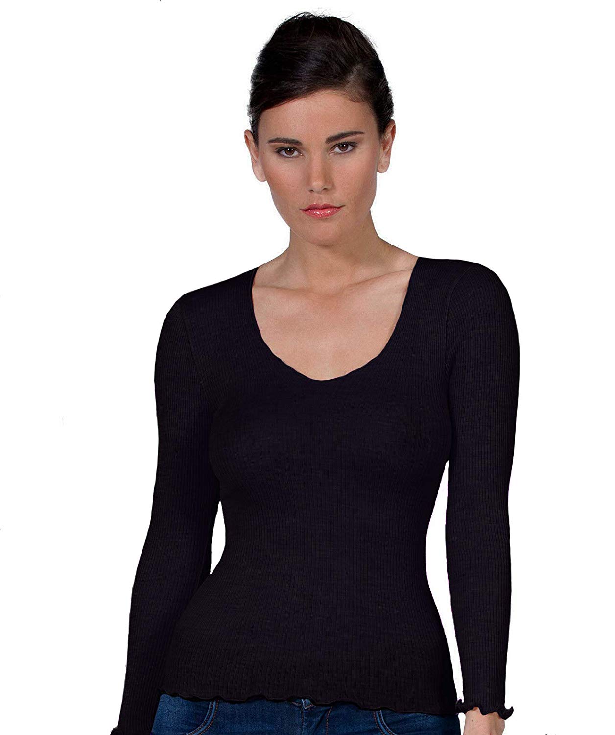 tittimitti EGI Luxury Wool Silk V-Neck Long Sleeve Top. Proudly Made in Italy (1493) — in-use photo