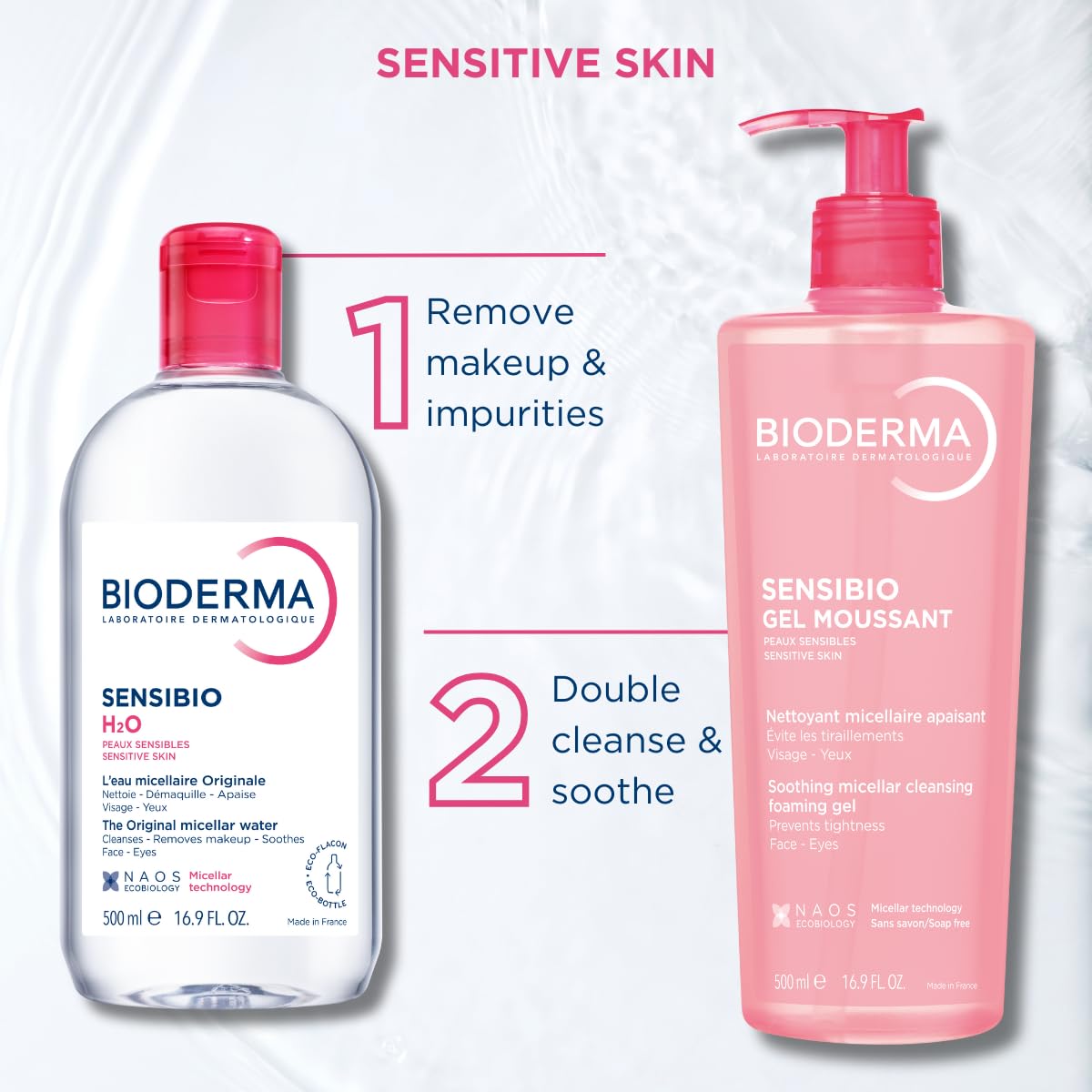 Bioderma Sensibio H2O Micellar Makeup Remover for Sensitive Skin - Gentle, Dermatologically Tested, 16.91 fl oz