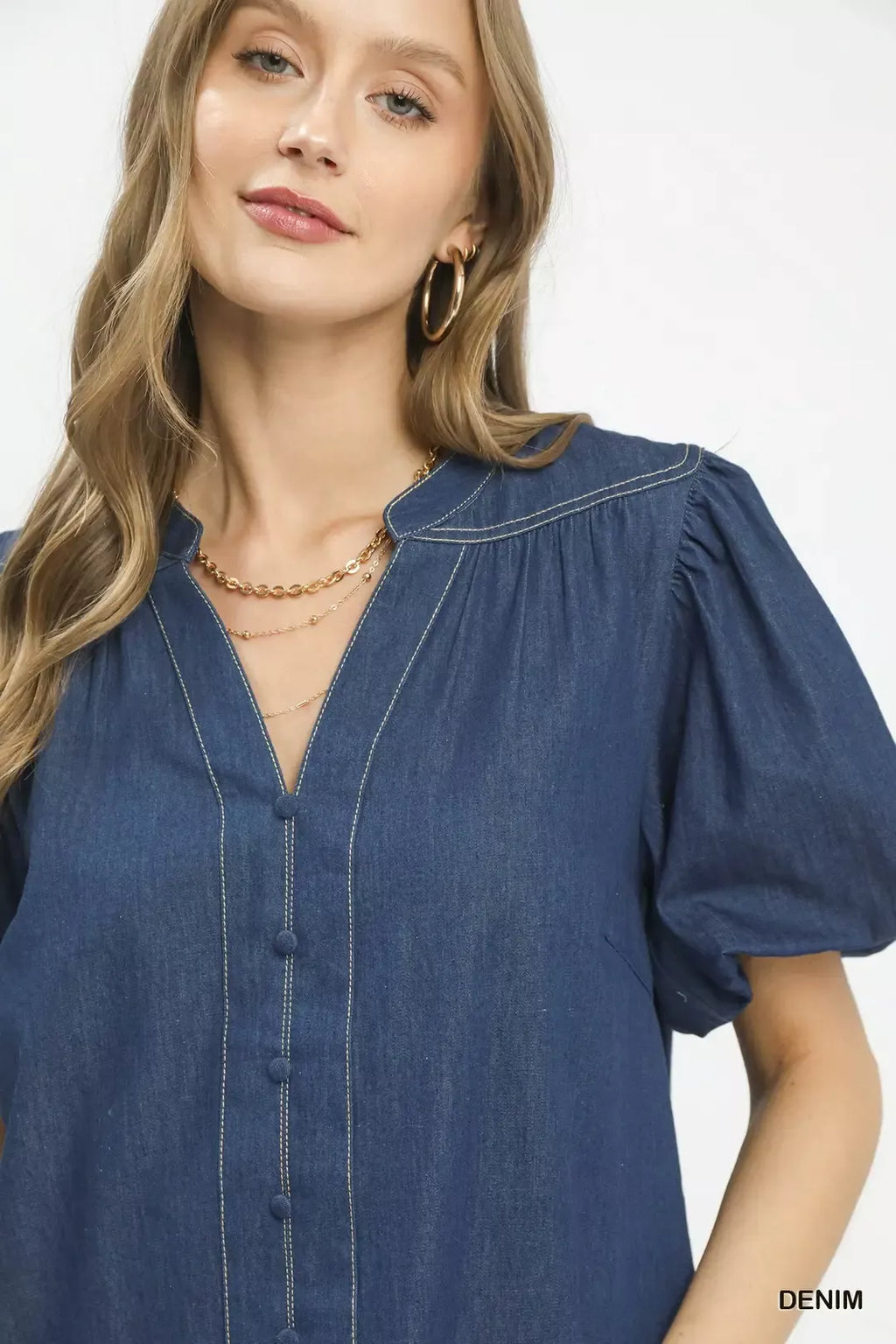 Umgee Denim Button Front Puff Sleeve Boho Blouse