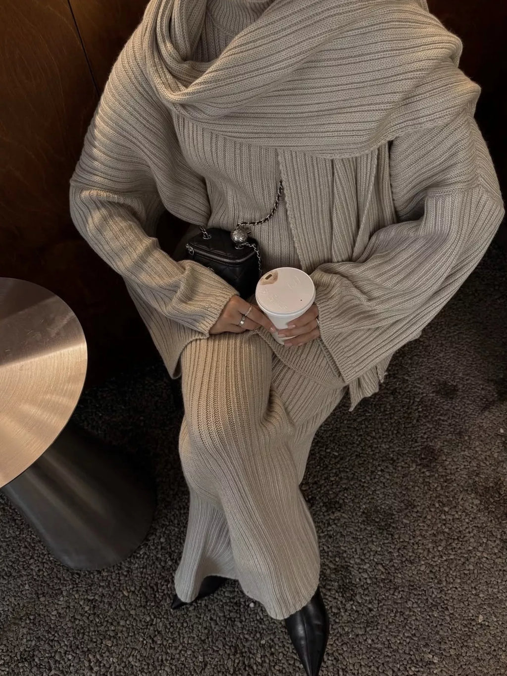 3-Piece Crew Neck Ribbed Sweater and Wide-Leg Pants Set with Scarf