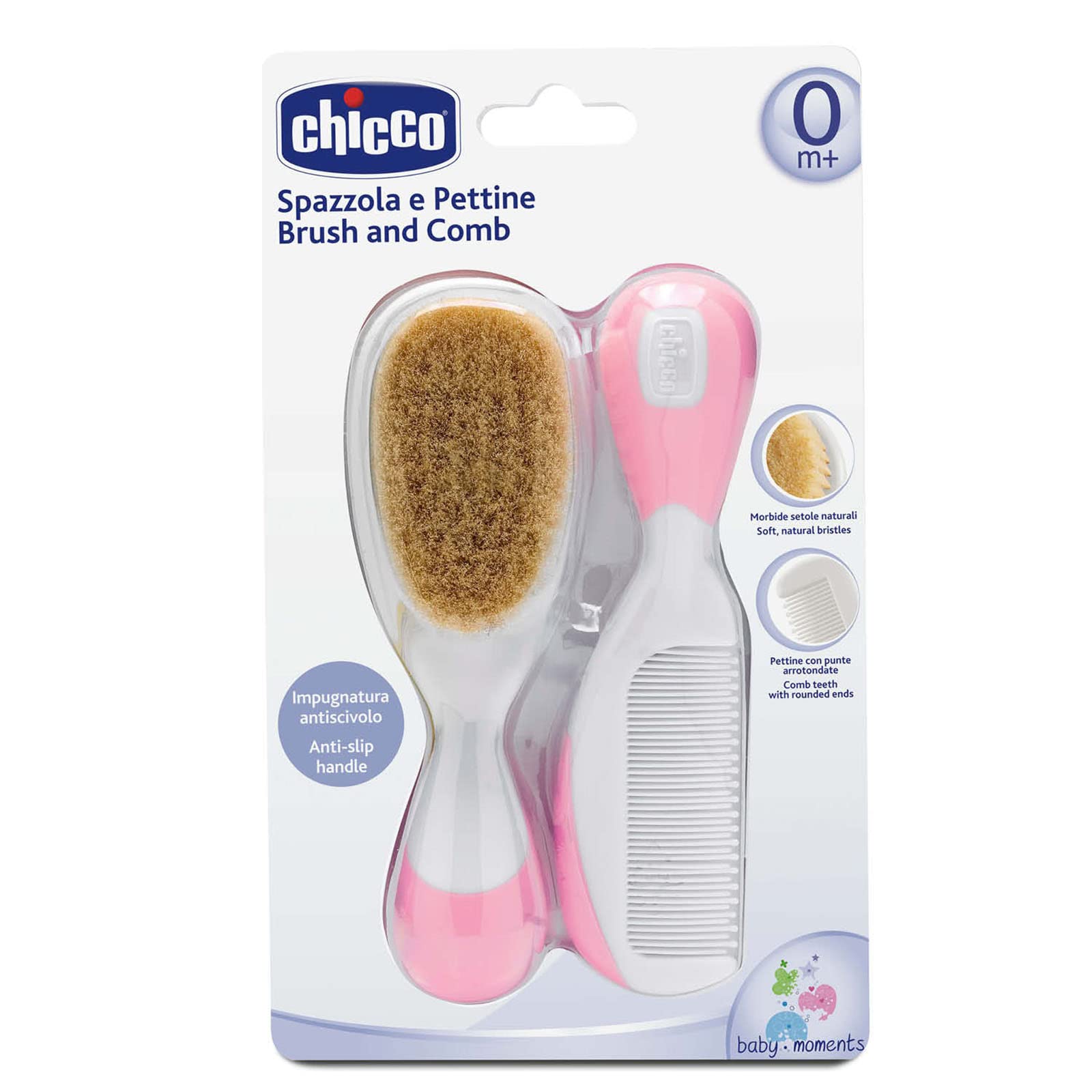 Chicco Baby Hair Brush and Comb Set for Newborns - Gentle Natural Bristle Brush and Safe Round-Tipped Comb for Infant Hair Care