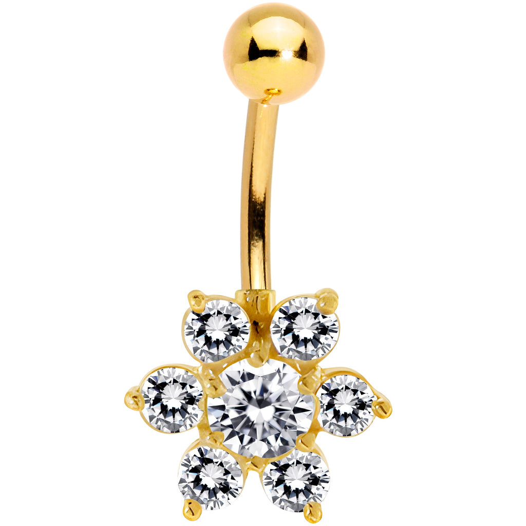 BodyCandy 16G Solid 14K Yellow Gold CZ Flower Belly Ring — detail close-up