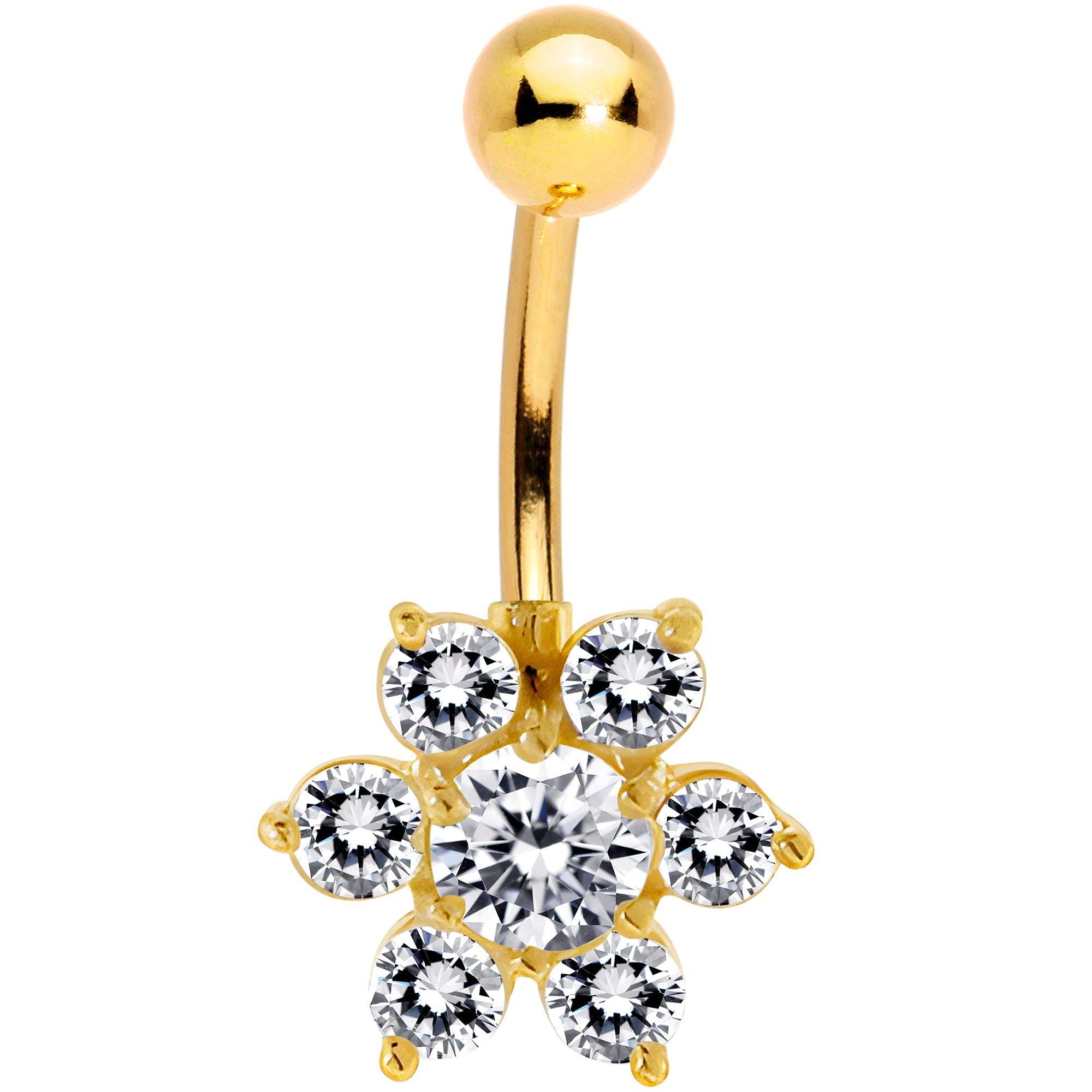 BodyCandy 16G Solid 14K Yellow Gold CZ Flower Belly Ring — detail close-up