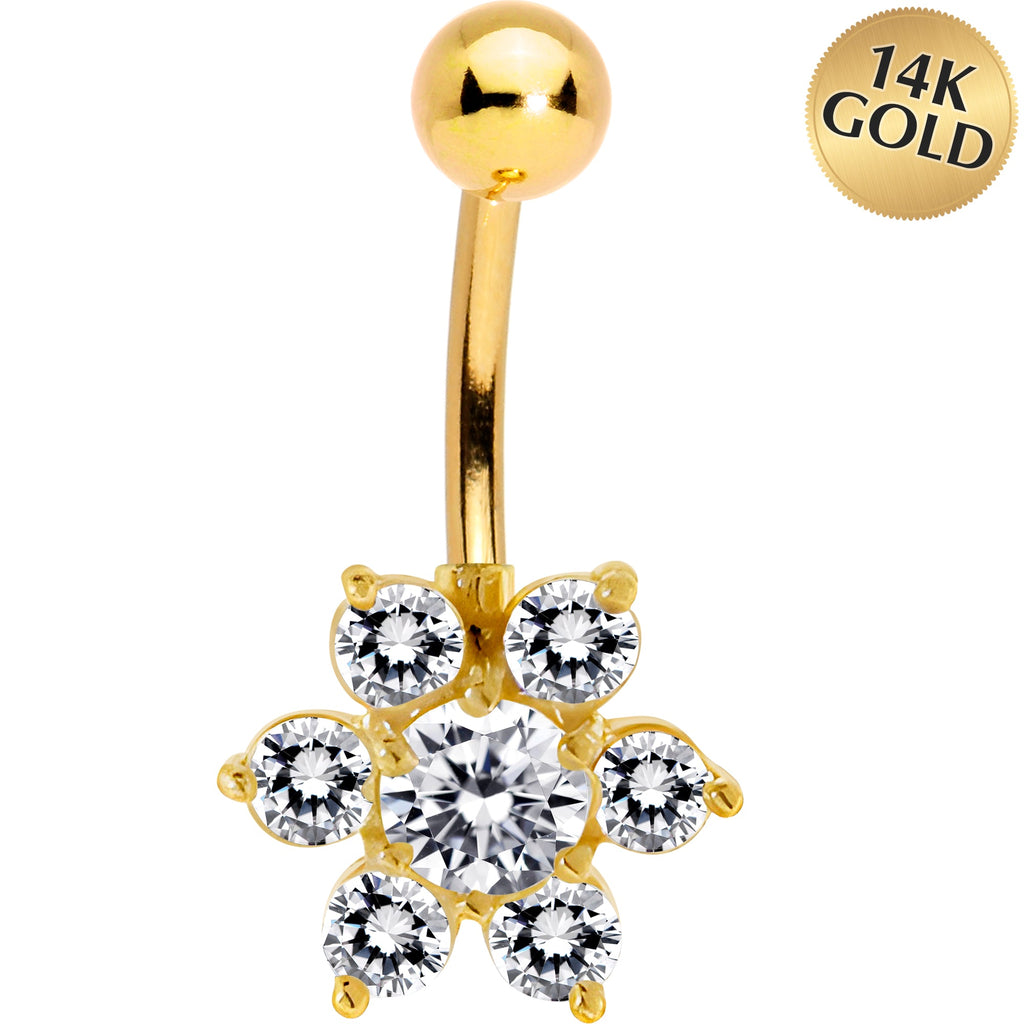 BodyCandy 16G Solid 14K Yellow Gold CZ Flower Belly Ring — main product shot