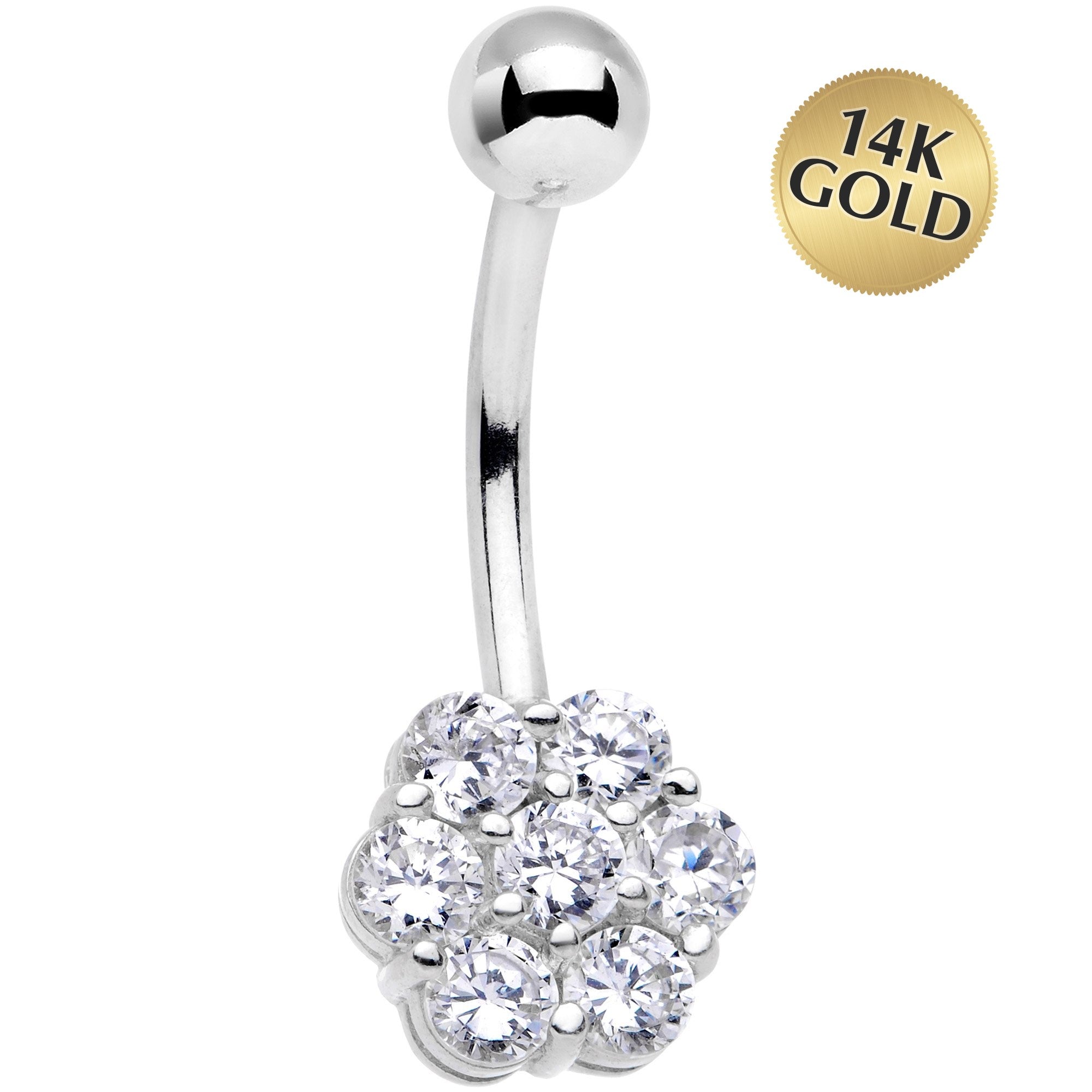 BodyCandy Solid 14k White Gold Gem Flower Belly Ring-16G — main product shot