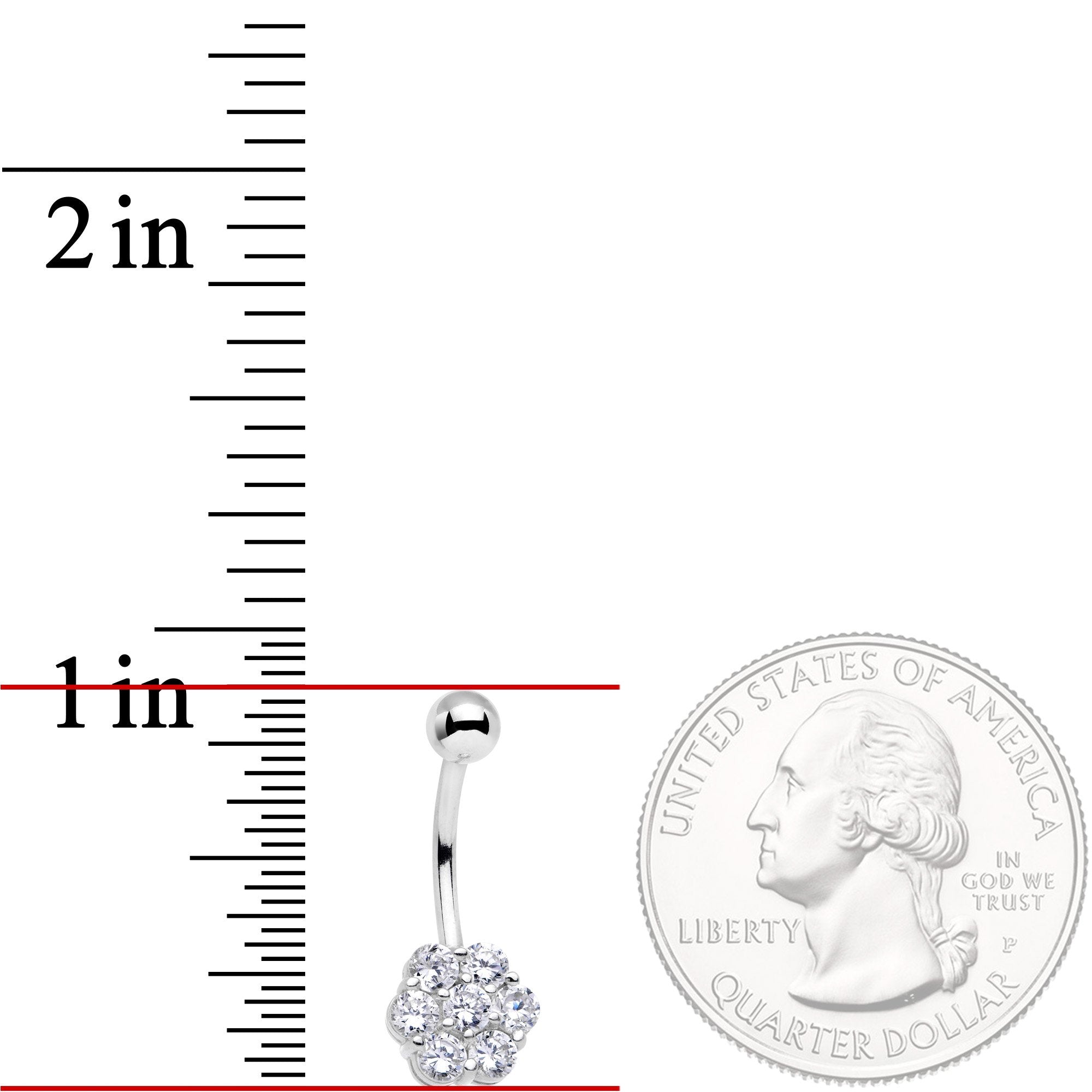 BodyCandy Solid 14k White Gold Gem Flower Belly Ring-16G — detail close-up