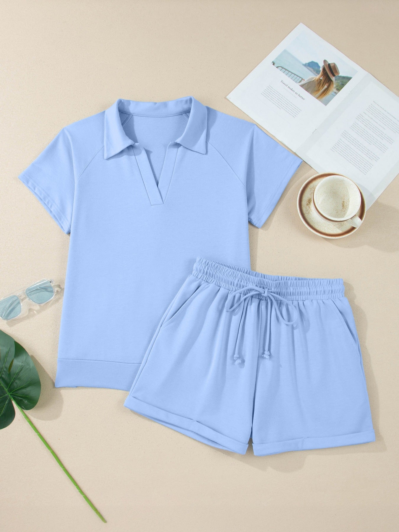 Collared V Neck Tee Drawstring Elastic Waist Shorts 2pcs Outfit