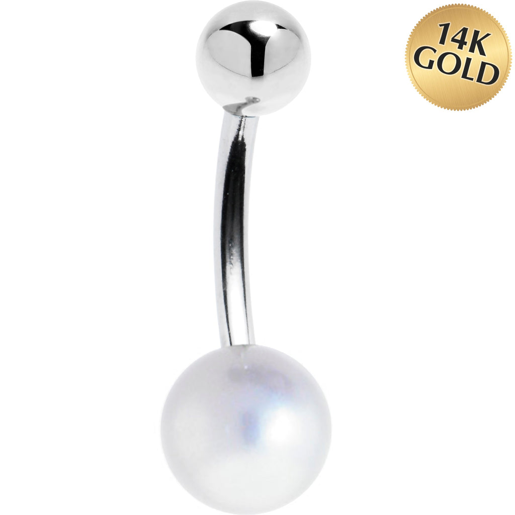 BodyCandy 16G Solid 14K White Gold Synthetic Pearl Belly Ring — main product shot