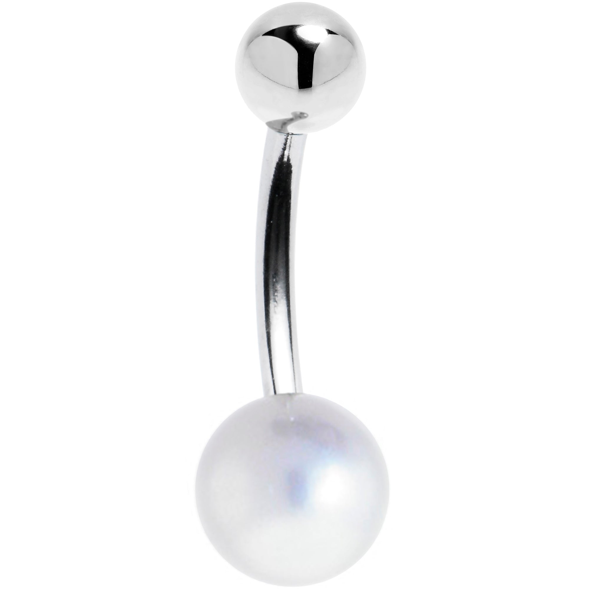 BodyCandy 16G Solid 14K White Gold Synthetic Pearl Belly Ring — detail close-up