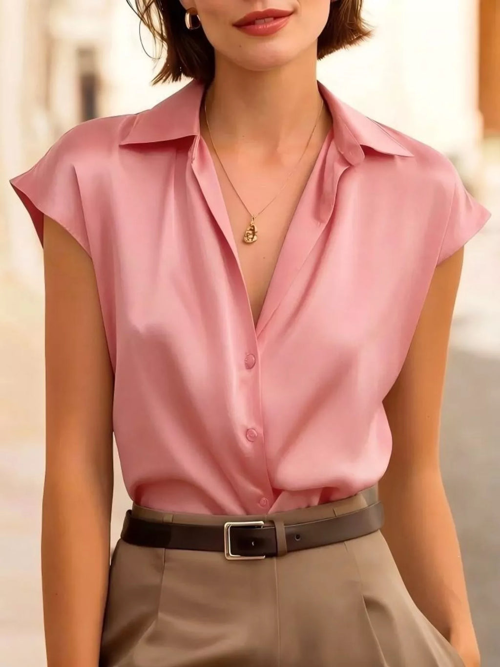 Full Size Button Up Cap Sleeve Shirt Plus Size