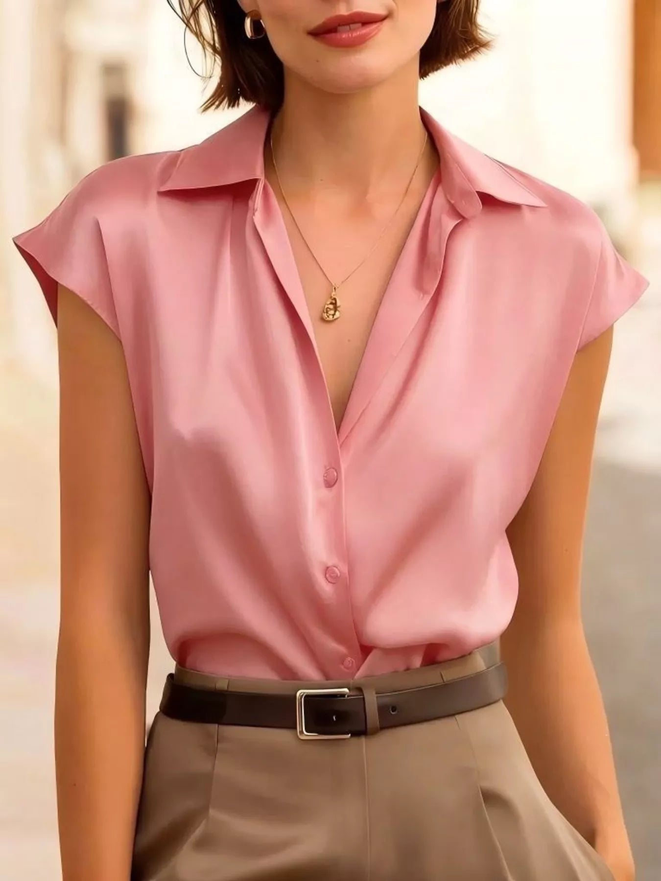 Full Size Button Up Cap Sleeve Shirt Plus Size