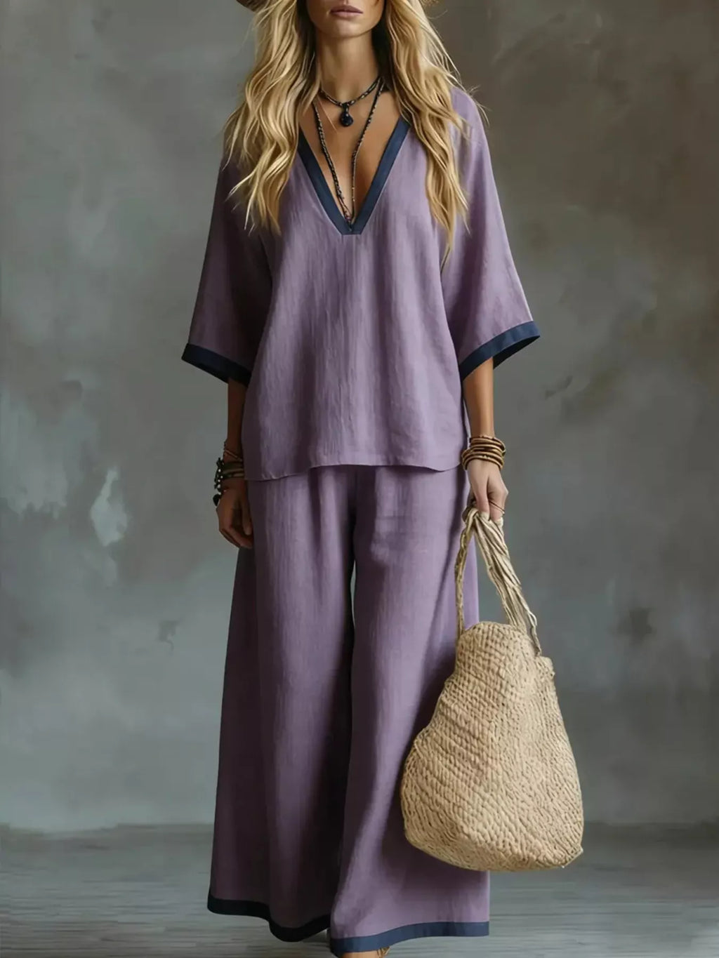 Contrast Trim V-Neck Top and Pants Set