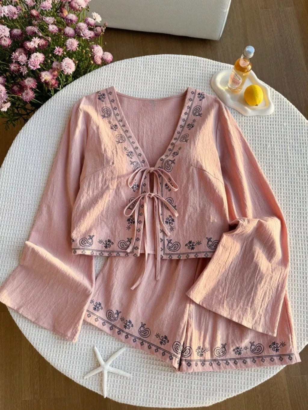 Embroidered Tie-Front Top & Shorts Set