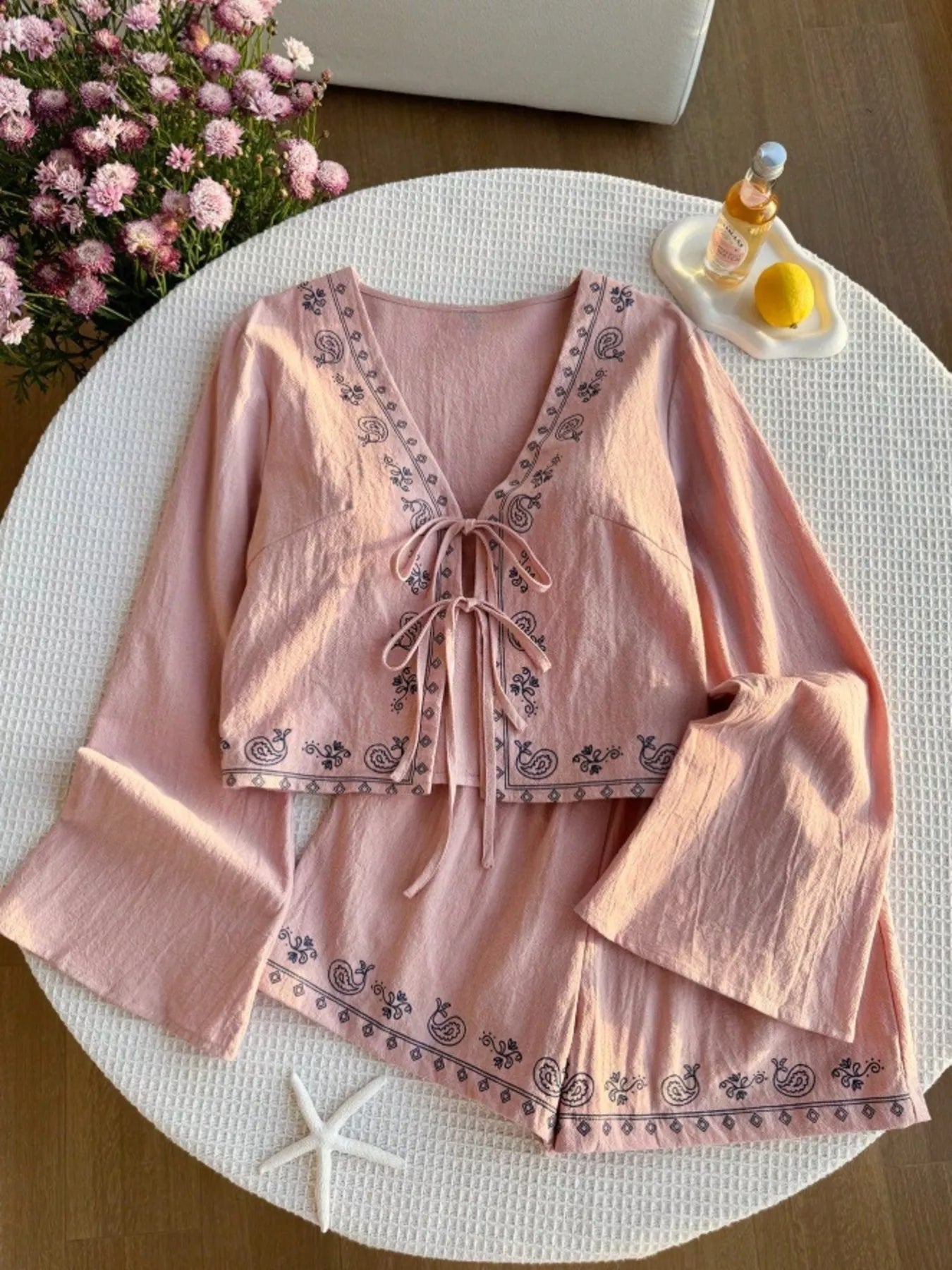 Embroidered Tie-Front Top & Shorts Set