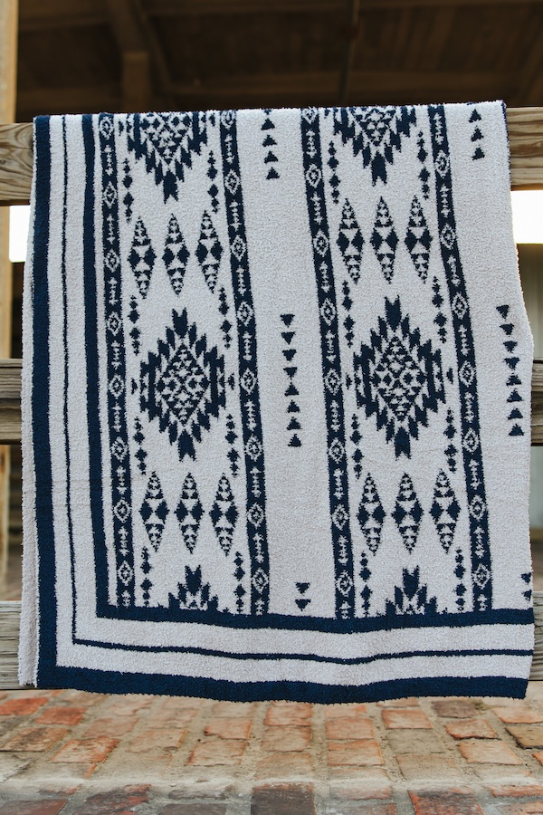 Whiskey Black & Co Lucky & Blessed Ivory & Blue Aztec Blanket — folded blanket product shot