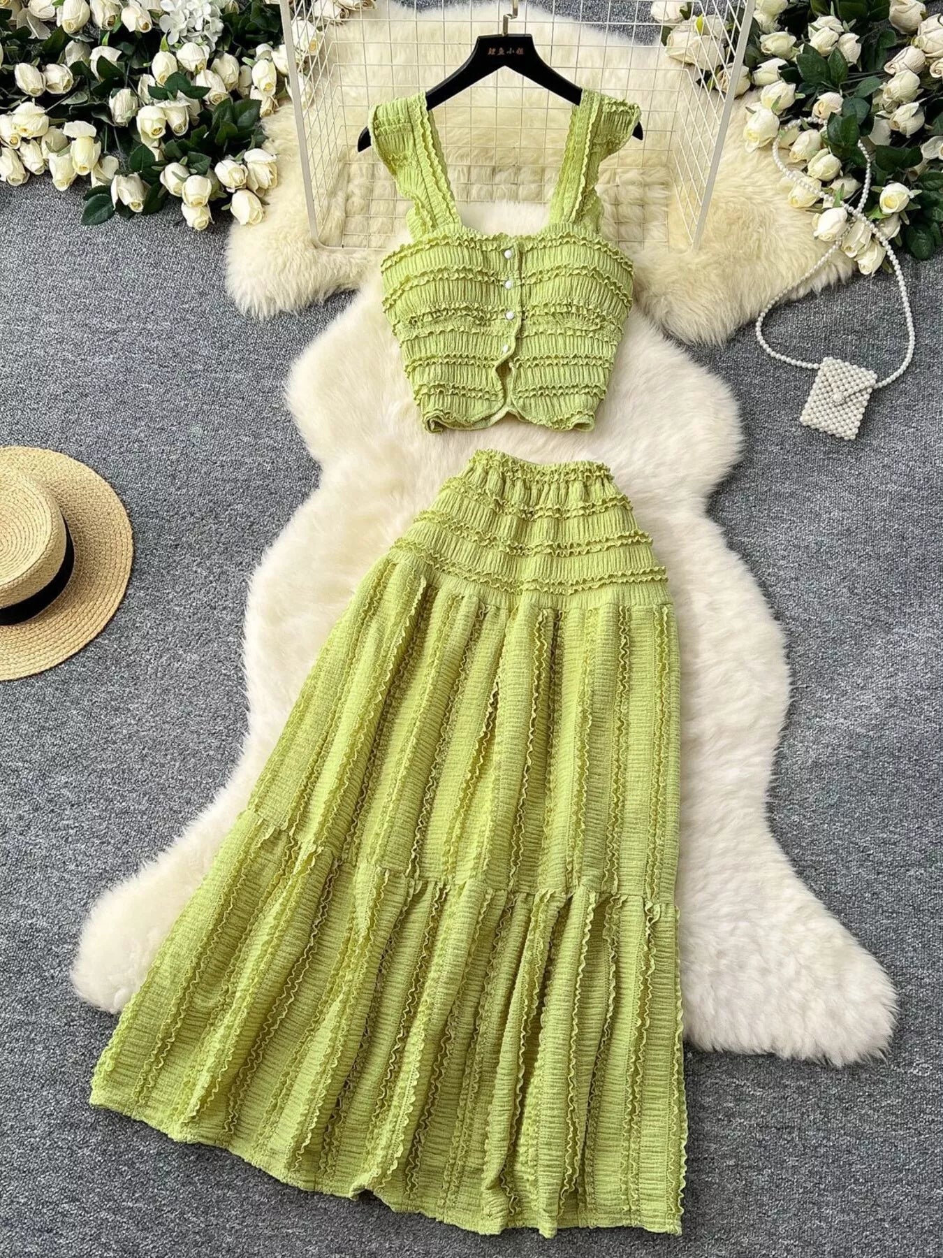 Textured Crop Top and Tiered Skirt Set