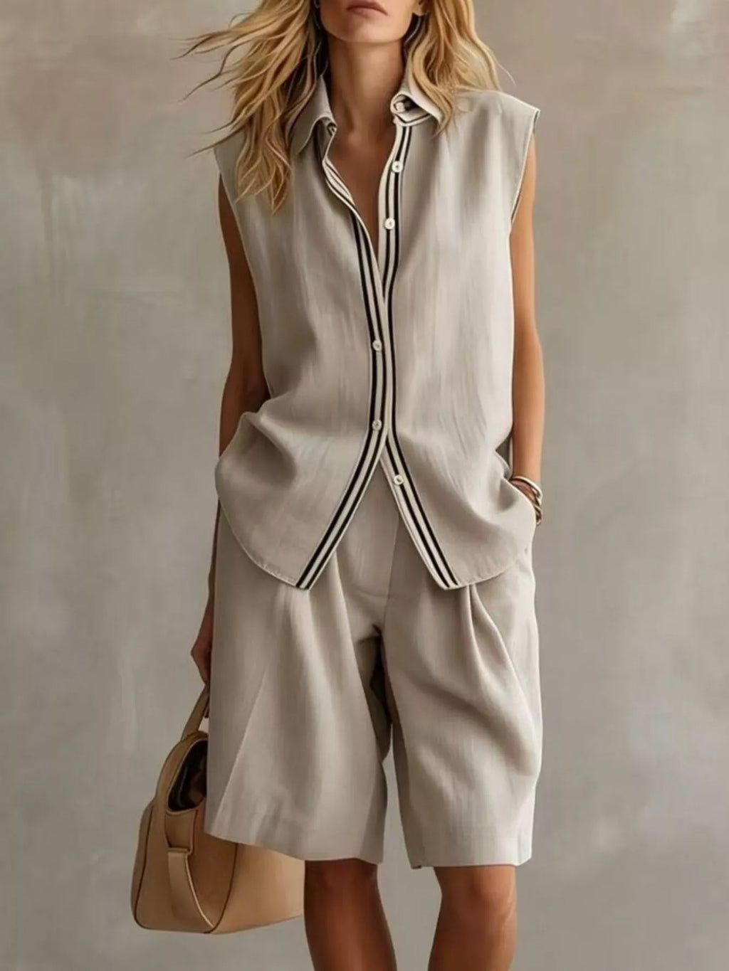 Sleeveless Button Up Top and Shorts Set