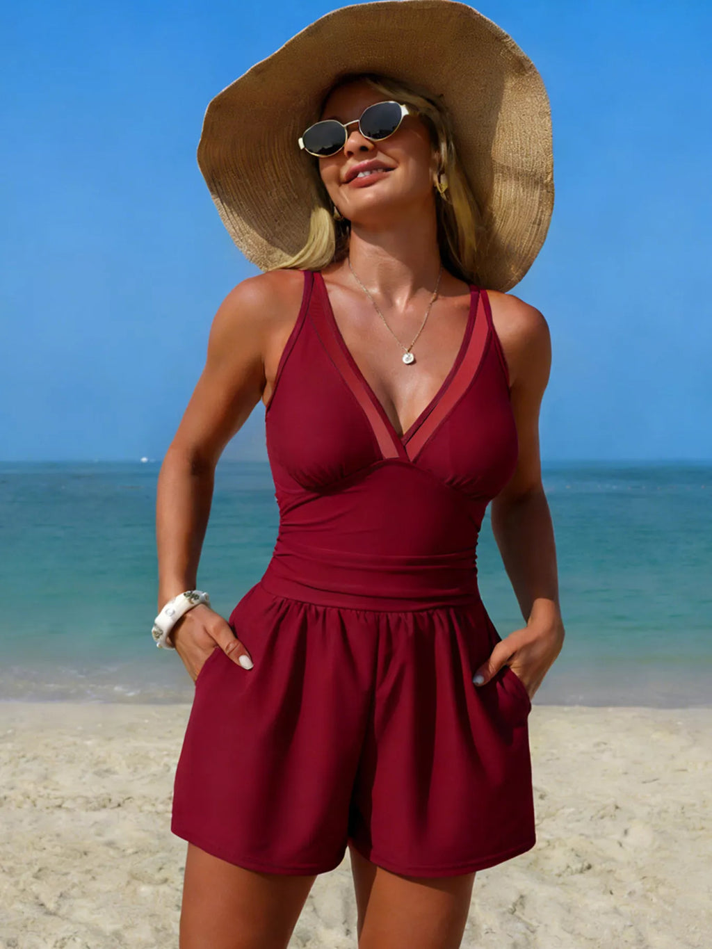 V-Neck One-Piece Swimsuit with Pockets