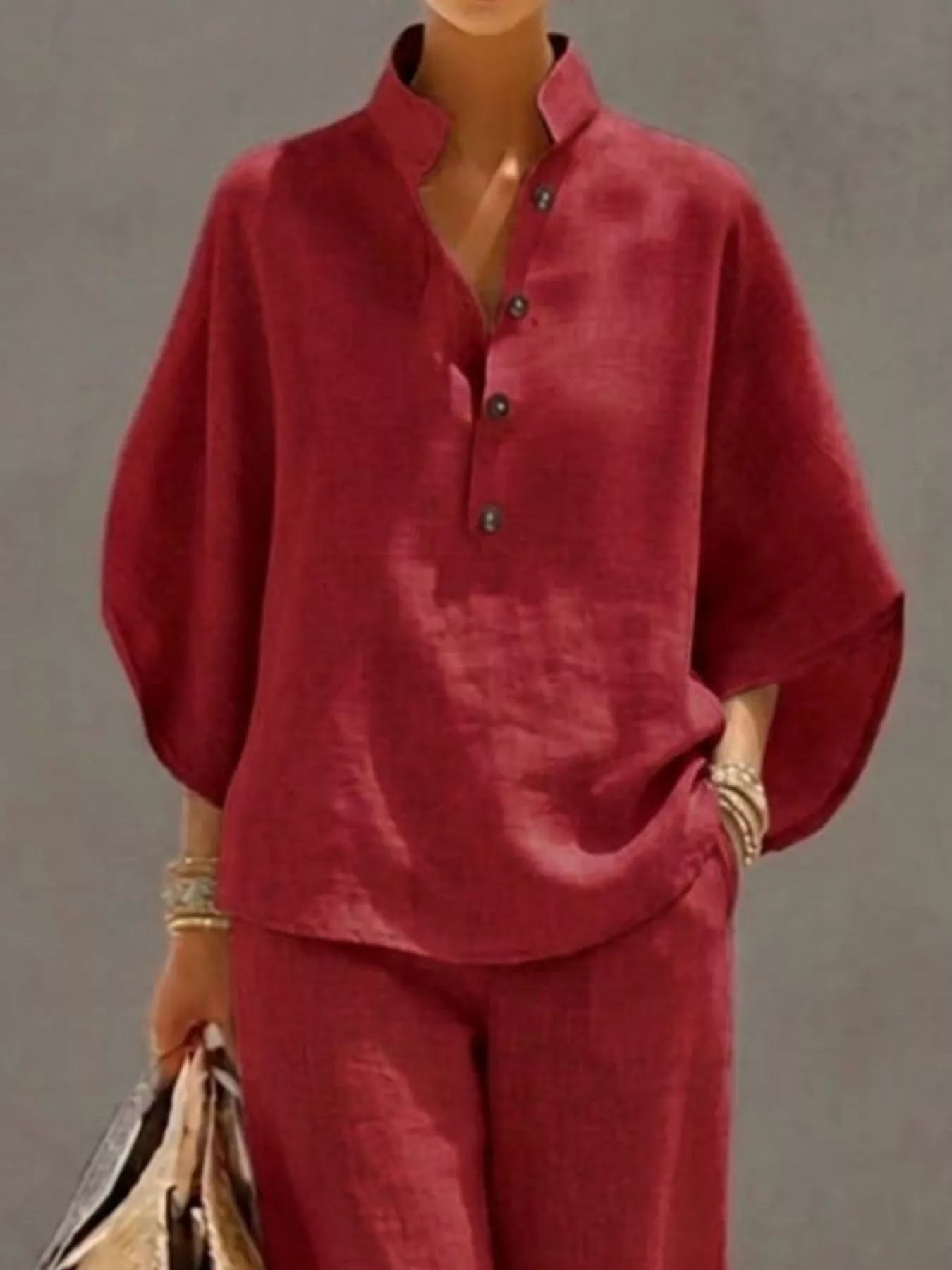 Full Size Button Detail 3/4 Sleeve Top and Pants Set Plus Size