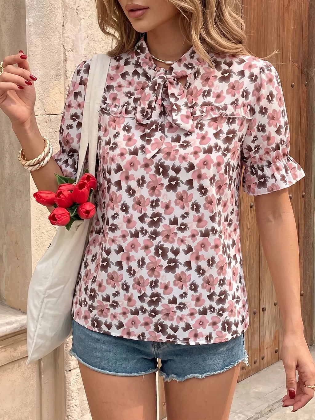 Floral Print Tie Neck Ruffle Blouse